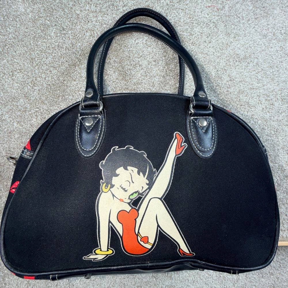 Vintage-style Betty Boop Canvas Bowler Bag Black Red Lip Print Satchel Handbag